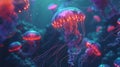 vibrant bioluminescent jellyfish underwater