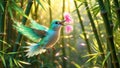 Emerald Hummingbird Embraces Nature\'s Beauty Amidst Bamboo Forest, Scattering Pink Petals With Grace Royalty Free Stock Photo
