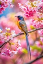 Vibrant bird perched gracefully among blooming cherry blossoms in spring Royalty Free Stock Photo