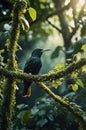 Emerald Starling Bird Perched on Mossy Branch in Lush Tropical Forest Setting Royalty Free Stock Photo