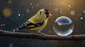 Golden Siskin Bird Perched on Branch with Crystal Ball, Winter Scene Royalty Free Stock Photo