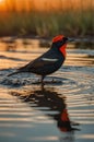 Red-collared Widowbird Standing in Water with Reflection at Golden Hour Royalty Free Stock Photo