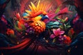 Vibrant bird surrounded by a garden of flowers