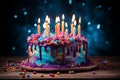 Vibrant birthday cake adorned with an array of colors and adorned with brightly burning candles. Ai generated