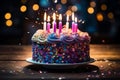 Vibrant birthday cake adorned with an array of colors and adorned with brightly burning candles. Ai generated