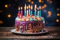 Vibrant birthday cake adorned with an array of colors and adorned with brightly burning candles. Ai generated