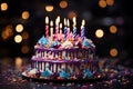 Vibrant birthday cake adorned with an array of colors and adorned with brightly burning candles. Ai generated