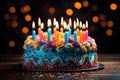 Vibrant birthday cake adorned with an array of colors and adorned with brightly burning candles. Ai generated