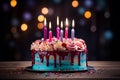 Vibrant birthday cake adorned with an array of colors and adorned with brightly burning candles. Ai generated