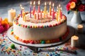 A vibrant birthday cake adorned with colorful sprinkles, lit candles, and a personalized message in elegant frosting.