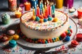 A vibrant birthday cake adorned with colorful sprinkles, lit candles, and a personalized message in elegant frosting. The cake