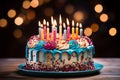 Vibrant birthday cake with lit candles on wooden table, lights
