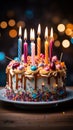Vibrant birthday cake with lit candles on wooden table, lights