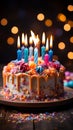 Vibrant birthday cake with lit candles on wooden table, lights