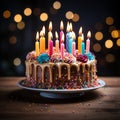 Vibrant birthday cake with lit candles on wooden table, lights