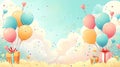 Joyous Celebration: Colorful Birthday Card with Balloons, Gifts, and Space for Text Against a Beautiful Horizon Background