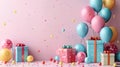 Joyous Celebration: Colorful Birthday Card with Balloons, Gifts, and Space for Text Against a Beautiful Horizon Background Royalty Free Stock Photo