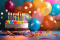 Vibrant birthday celebration with festive balloons and a rainbow sprinkle cake awaiting a wish. Generative AI Royalty Free Stock Photo