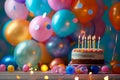 Vibrant birthday celebration with festive balloons and a rainbow sprinkle cake awaiting a wish. Generative AI Royalty Free Stock Photo