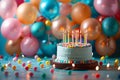 Vibrant birthday celebration with festive balloons and a rainbow sprinkle cake awaiting a wish. Generative AI Royalty Free Stock Photo