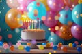 Vibrant birthday celebration with festive balloons and a rainbow sprinkle cake awaiting a wish. Generative AI Royalty Free Stock Photo