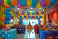 Vibrant birthday venue adorned with colorful decorations, inviting and festive ambiance