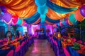 Vibrant birthday venue adorned with colorful decorations, inviting and festive ambiance