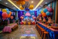 Vibrant birthday venue adorned with colorful decorations, inviting and festive ambiance