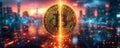 Vibrant Bitcoin symbol rising from a futuristic cityscape, representing the surge of cryptocurrency in digital economy and