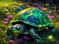A vibrant black green turtle with an intricate amazing shell