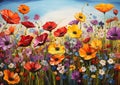 Vibrant Blooms: A Colorful Oil Painting of Field Poppies Against