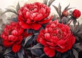 Vibrant Blooms: A Garden of Red Peonies and Clean Black Branches