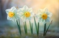 Vibrant Blooms: A Trio of Dazzling Daffodils in a Sea of Lush Green Grass Royalty Free Stock Photo