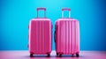 Vibrant blue backdrop with two bright pink suitcases, travel luggage set for vacation