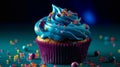 Vibrant blue background sets the stage for a scrumptious birthday cupcake, a delicious treat.