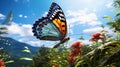 Vibrant Blue Butterfly Soaring Amidst Colorful Unreal Engine 5 Flowers
