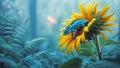 Blue Chameleon Relaxing on Bright Yellow Sunflower in a Dreamy Forest Backdrop Royalty Free Stock Photo