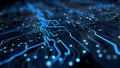 Vibrant blue circuit board data flow in dark future tech Royalty Free Stock Photo
