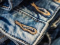Vibrant blue close up image of waistband of denim jeans with double stitching and metal tack buttons Royalty Free Stock Photo