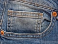 Vibrant blue close up image of waistband of denim jeans with double stitching and metal tack buttons Royalty Free Stock Photo