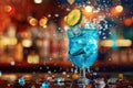 Vibrant Blue Cocktail Splash with Citrus Garnish in Bar Setting Royalty Free Stock Photo