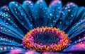 Vibrant Blue Daisy with Water Droplets Under Neon Light