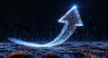 A vibrant blue digital arrow, formed by glowing particles, ascends against a dark background Royalty Free Stock Photo