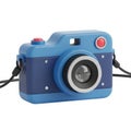 Bright blue digital camera with red record button and neck strap isolated on white background Royalty Free Stock Photo