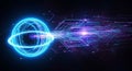 Vibrant blue energy ring projecting light streaks into futuristic digital data stream Royalty Free Stock Photo