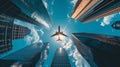 Airplane flying over skyscrapers. Business travel and transportation concept Royalty Free Stock Photo