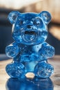 Vibrant blue gummy bear figure made of transparent material, showcasing playful expression. bear glossy surface reflects light Royalty Free Stock Photo