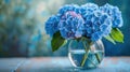 Vibrant blue hydrangeas in a glass vase on a rustic wooden table near a window