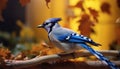A vibrant blue jay perching on a branch in autumn generated by AI
