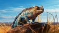 Vibrant Blue Lizard In Exotic Field - Zbrush Style Artwork